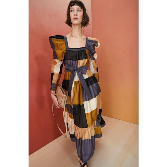 Ulla Johnson Ismene Patchwork Cotton Silk Dress Size 0 Fall Midi Dress